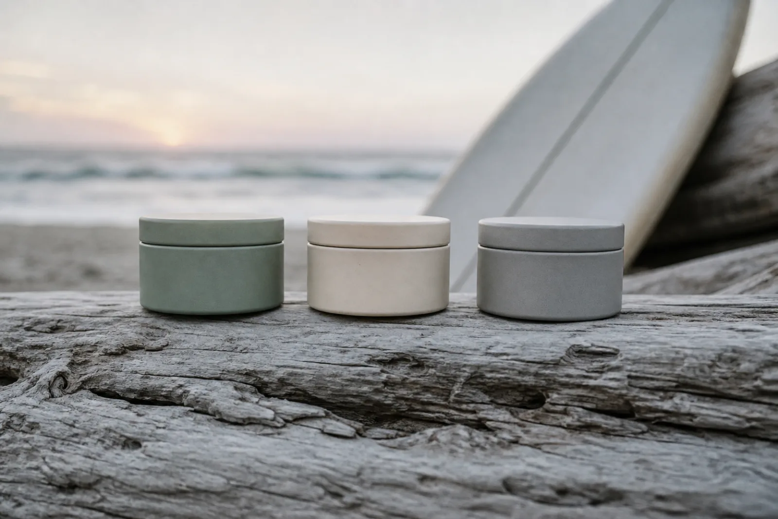 Concept render of three flat tea.surf travel tins on driftwood